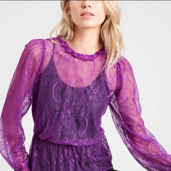 Banana Republic Factory Purple Lace Peplum Long Sleeve Blouse Size Small… - Picture 2 of 10